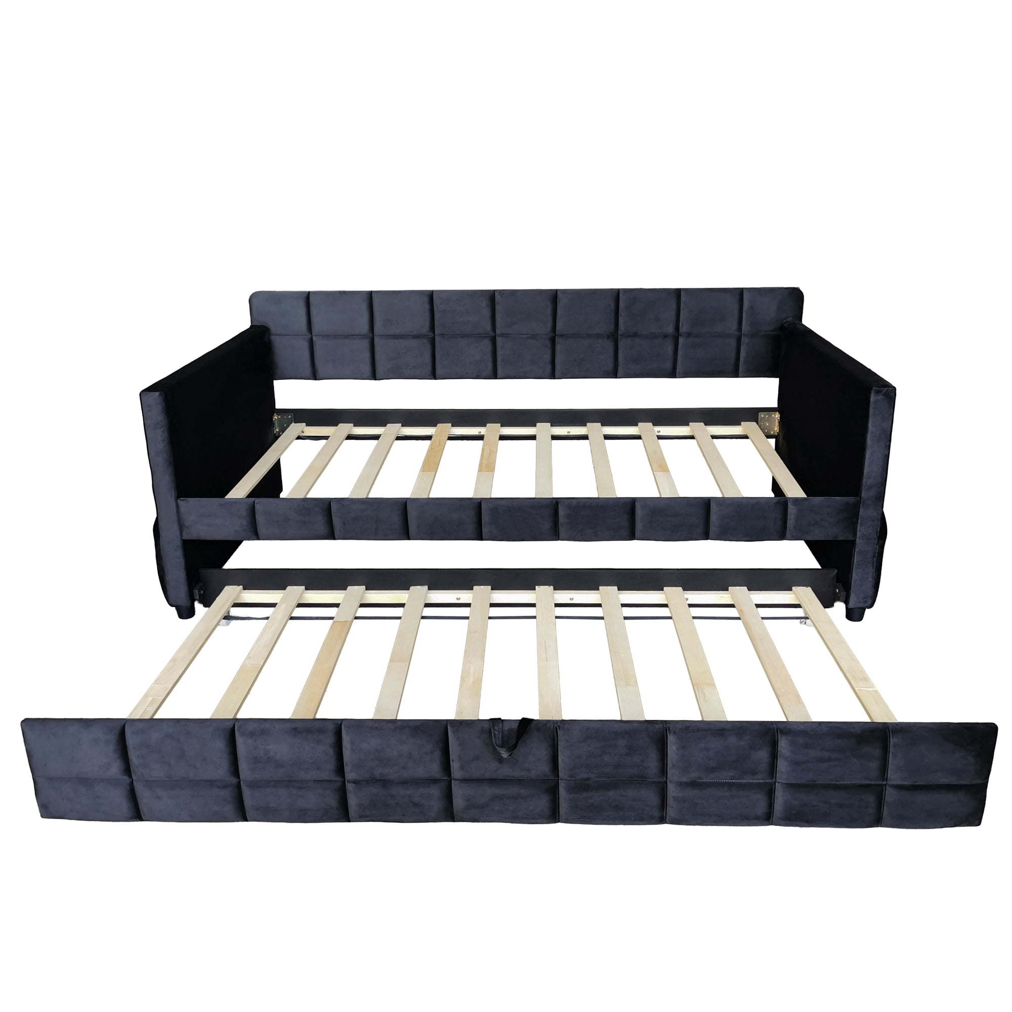 Aukfa Modern Twin Daybed with Trundle, Velvet Upholstered Bed Frame with Storage Pockets, Space-Saving Sofa Bed for Living Room, Bedroom, Black