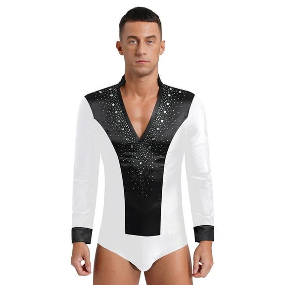 ranrann Mens Rhinestones Figure Skating Dance Bodysuit Long Sleeve Athletic Gymnastics Leotard White M