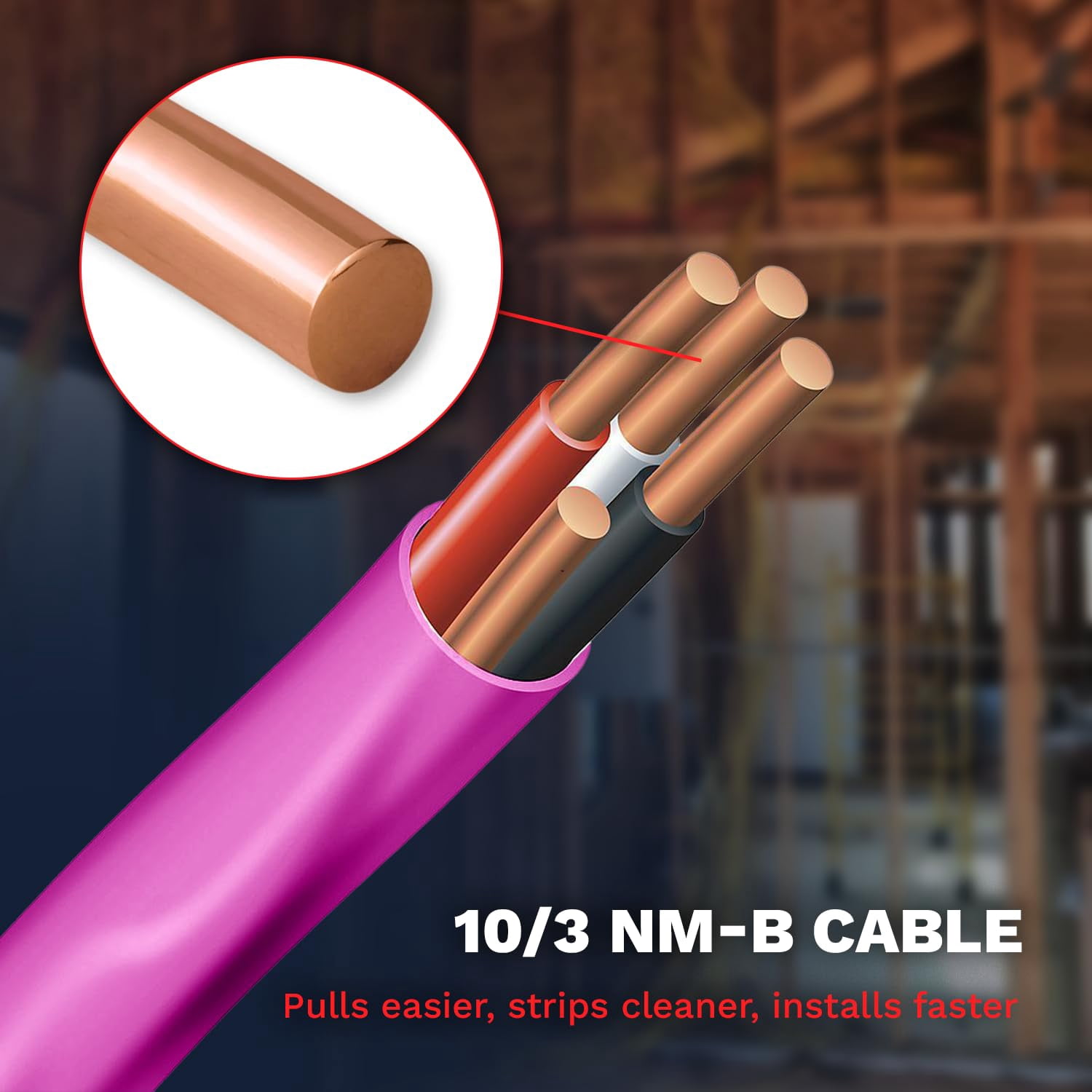 10/3 NM-B Copper Electrical Wire 10 Gauge, 3 Conductors with Groun Non-Mettalic, Sheathed Cable, Residential Indoor Pink 25 FT