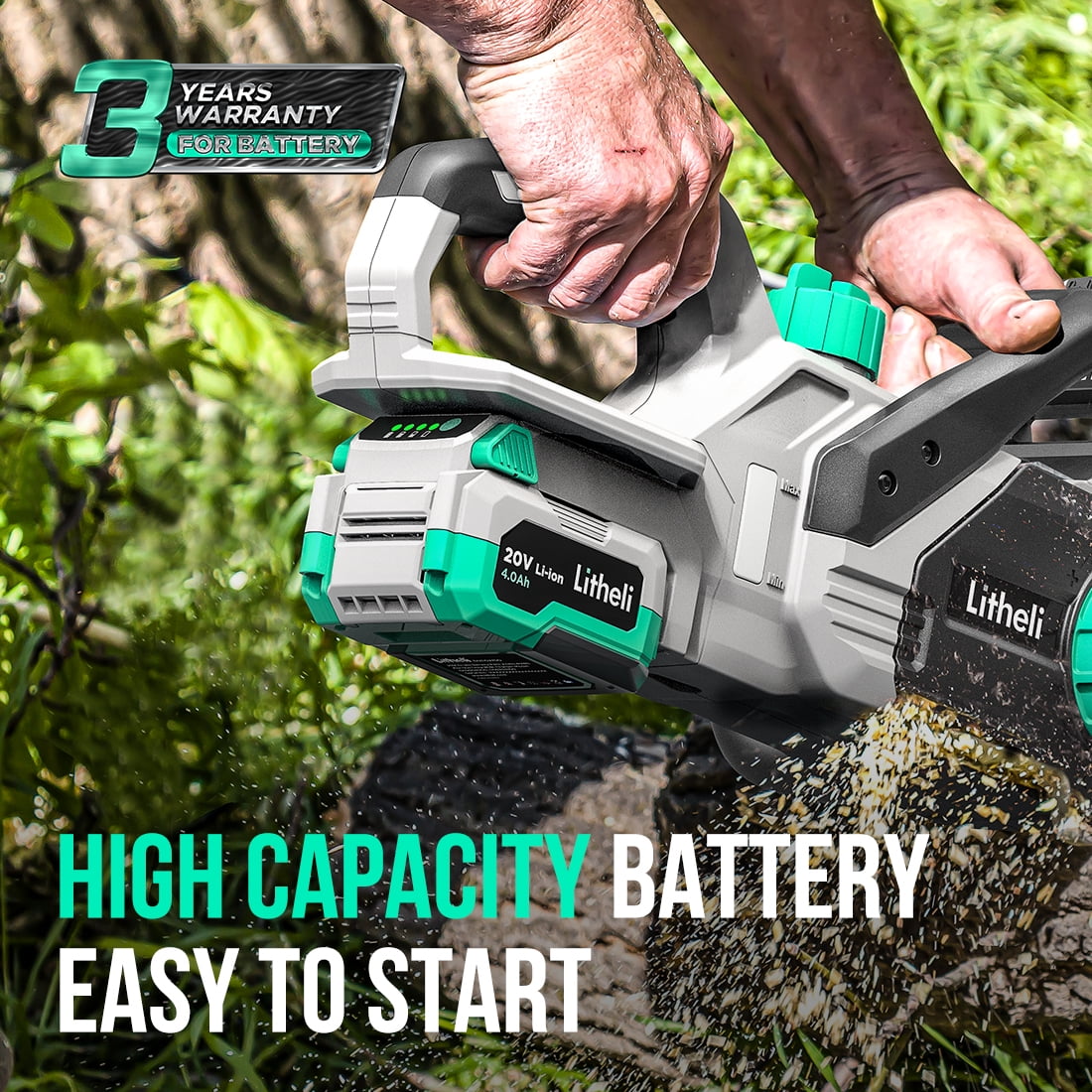 Litheli 20V 10" Cordless Handheld Chainsaw + 4.0Ah Battery Pack & Charger  for Tree Pruning, Branch Cutting, Yard, Garden
