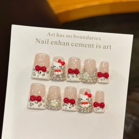 Sweet Hello Kitty Press On Nails for Women Short Square Cute White Pink Bow Design Soft Plush Vibe Acrylic Handmade French Nail