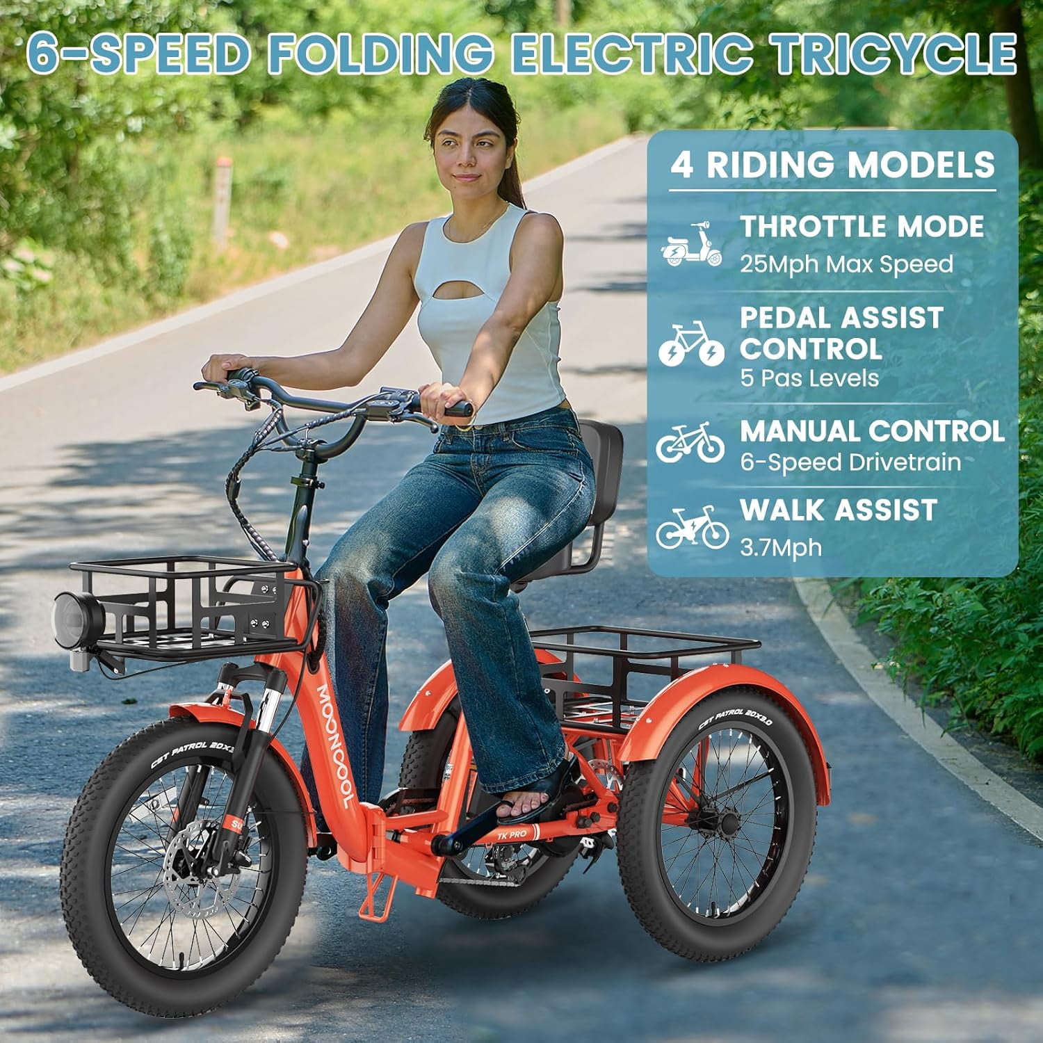 ABORON 20" Fat Tire Electric Trike 750W 48V Motorized Folding Commute E-Bike for Adult, Foldable 3 Wheel Electric Bicycle Trike for Senior Women with Front & Rear Basket