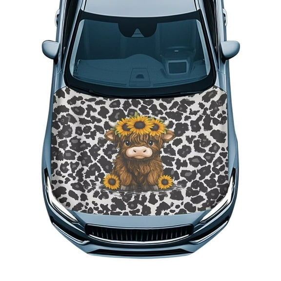 Uorisanigo Car Hood Cover Windproof Polyester Baby Highland Cow Print Car Bonnet Banner Easy to Install All-Season Protection Cars Decoration Accessories for Men Women
