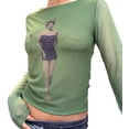 thumbnail image 2 of KOMOO Women Long Sleeve Mesh Tops Summer Autumn Printed Sheer Mesh Crop Top Slim T-Shirt Base Shirt, 2 of 9