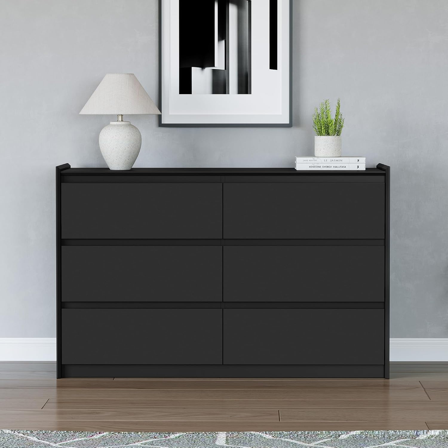 Black Dresser for Bedroom, 47" Wide Chest of Drawers, Simply Modern 6 Drawer Storage Organizer for Closet, Hallway, or Living Room