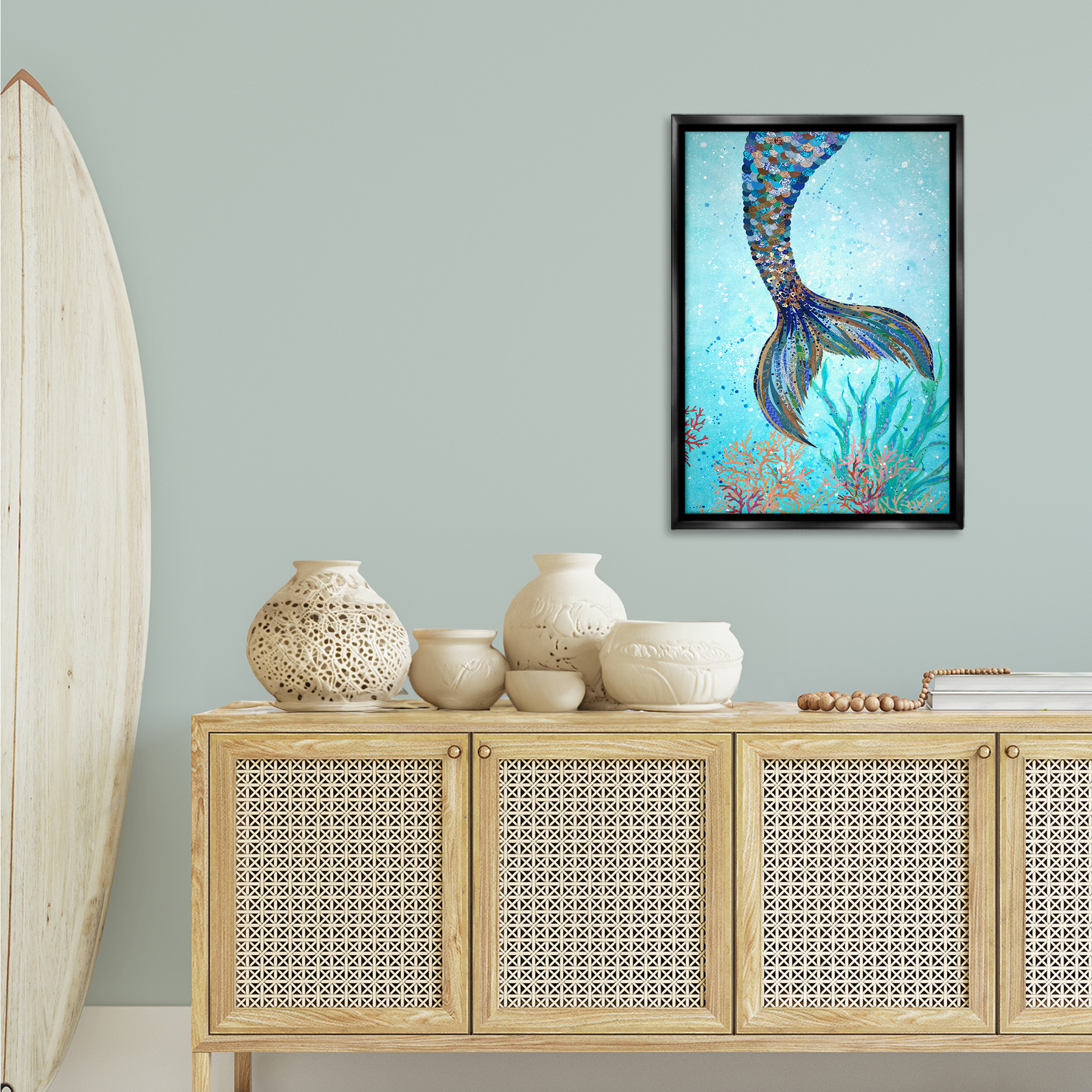 Stupell Industries Tall Tails Mermaid Fairy Tales & Fantasy Painting Black Floater Framed Canvas Art Print Wall Art, 21 x 31