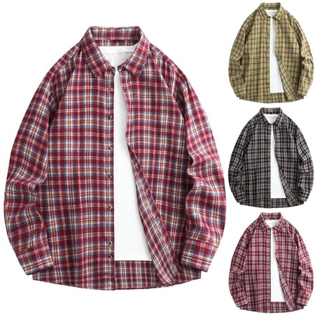 Men s Vintage Casual Check Button Lapel Long Sleeve Shirt Tops Tees for Business Casual Office Work Daily Wear Holiday Outfits Classic Mens Apparel | Ihhxva Green L
