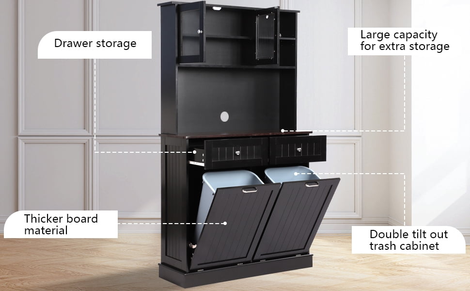 KIGOTY Kitchen Trash Cabinet, Double Tilt Out Trash Can Cabinet with Countertop and Drawer, Free-Standing Pet Proof Recycling Cabinet Garbage Can Holder (67"H,Black)