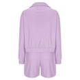 thumbnail image 4 of Abomasnow Lounge Sets for Women 2 Piece Ribbed Knit Pajama Outfits Casual Long Sleeve Lapel Tops and Drawstring Shorts, 4 of 5