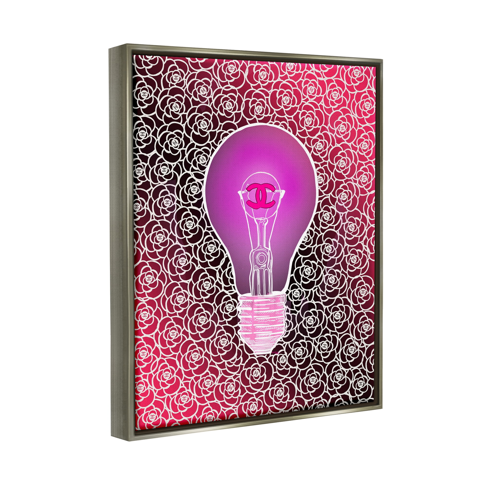 Stupell Industries Glam Brand Lightbulb Pattern Beauty & Fashion Painting Gray Floater Framed Canvas Art Print Wall Art, 25 x 31