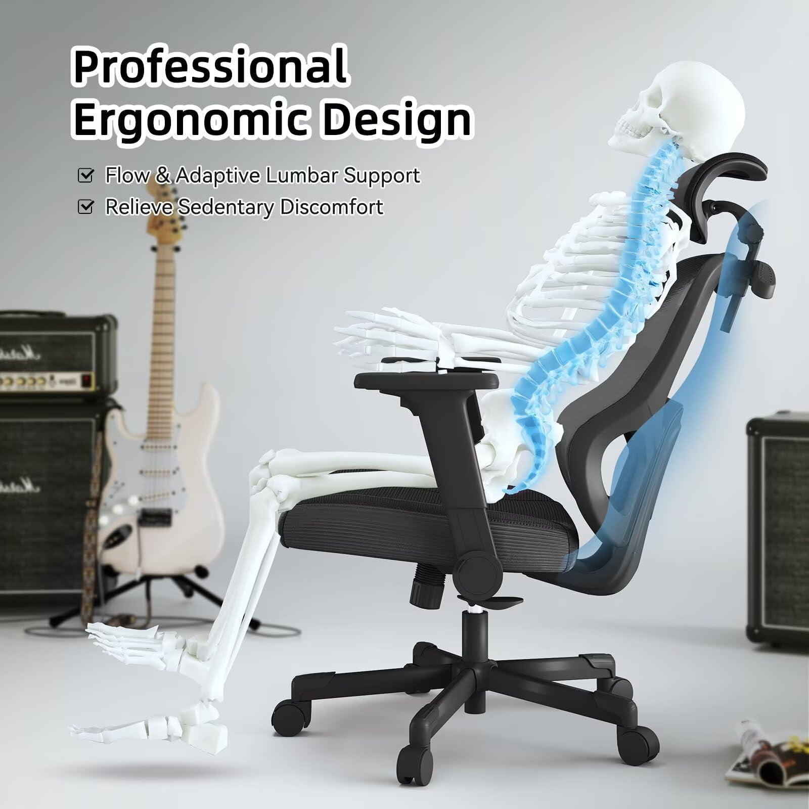 Frelaxbone Adult Mesh High Back Indoor Residential Adjustable Armrest Office Chairs, Caster, Black