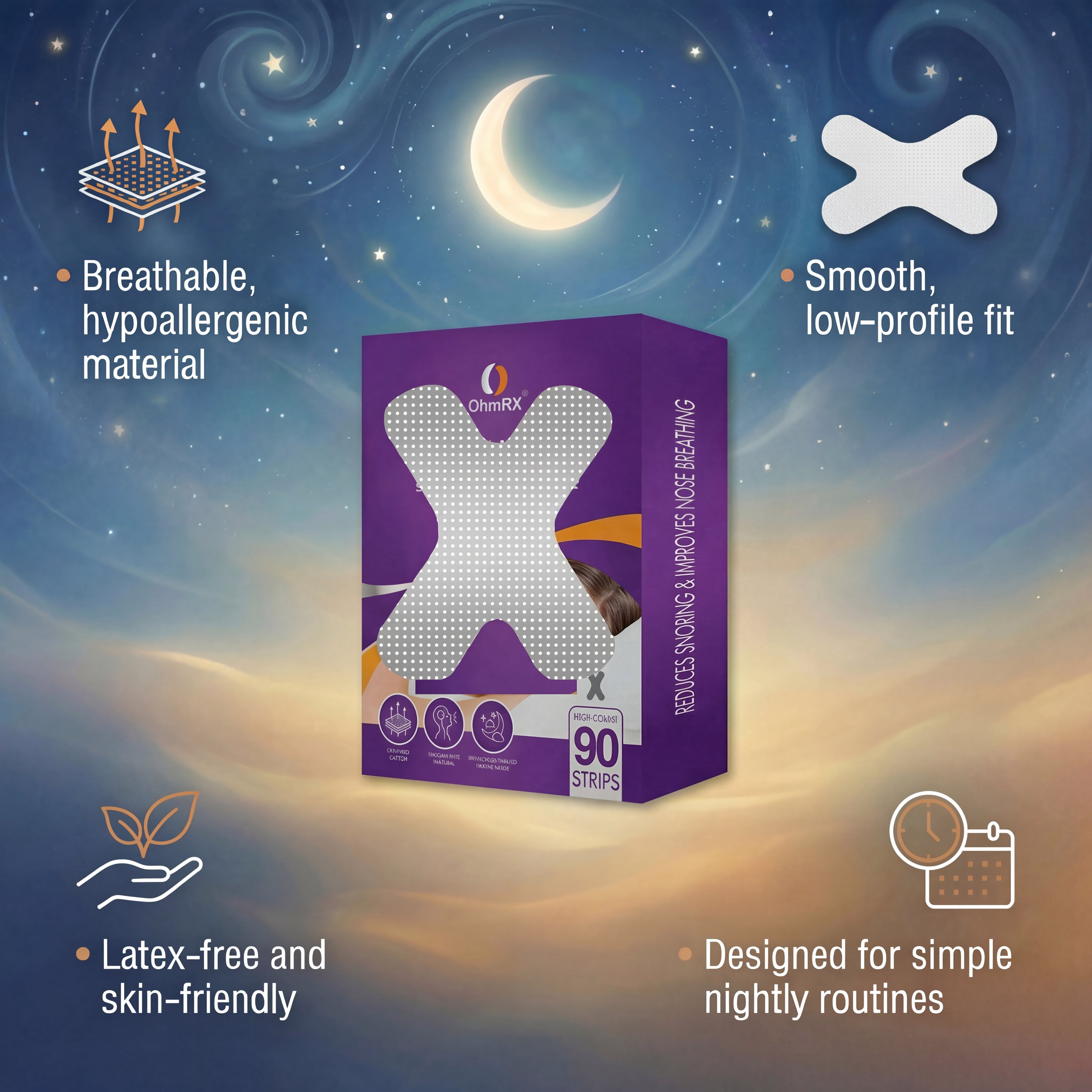 OhmRx Mouth Tape for Nighttime Comfort – 90 Count, X‑Shape Strips, Clear