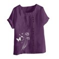 thumbnail image 4 of Pincandy Women Casual and Linen Round-Neck Top Printed Short Sleeve Button T-shirt Blouse,Purple,M, 4 of 4