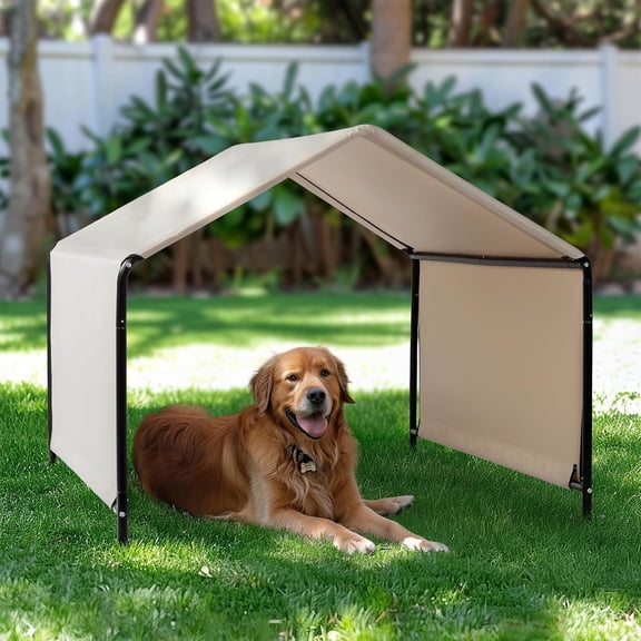 Dog Tent, 4'x4'x3' Dog Shade Shelter Outdoor Deep Grey Tent for Large Medium Dogs, Outside Sun Rain Canopy Pet House for Cats Pigs Livestock with Waterproof Roof Ground Nails,Creamy White