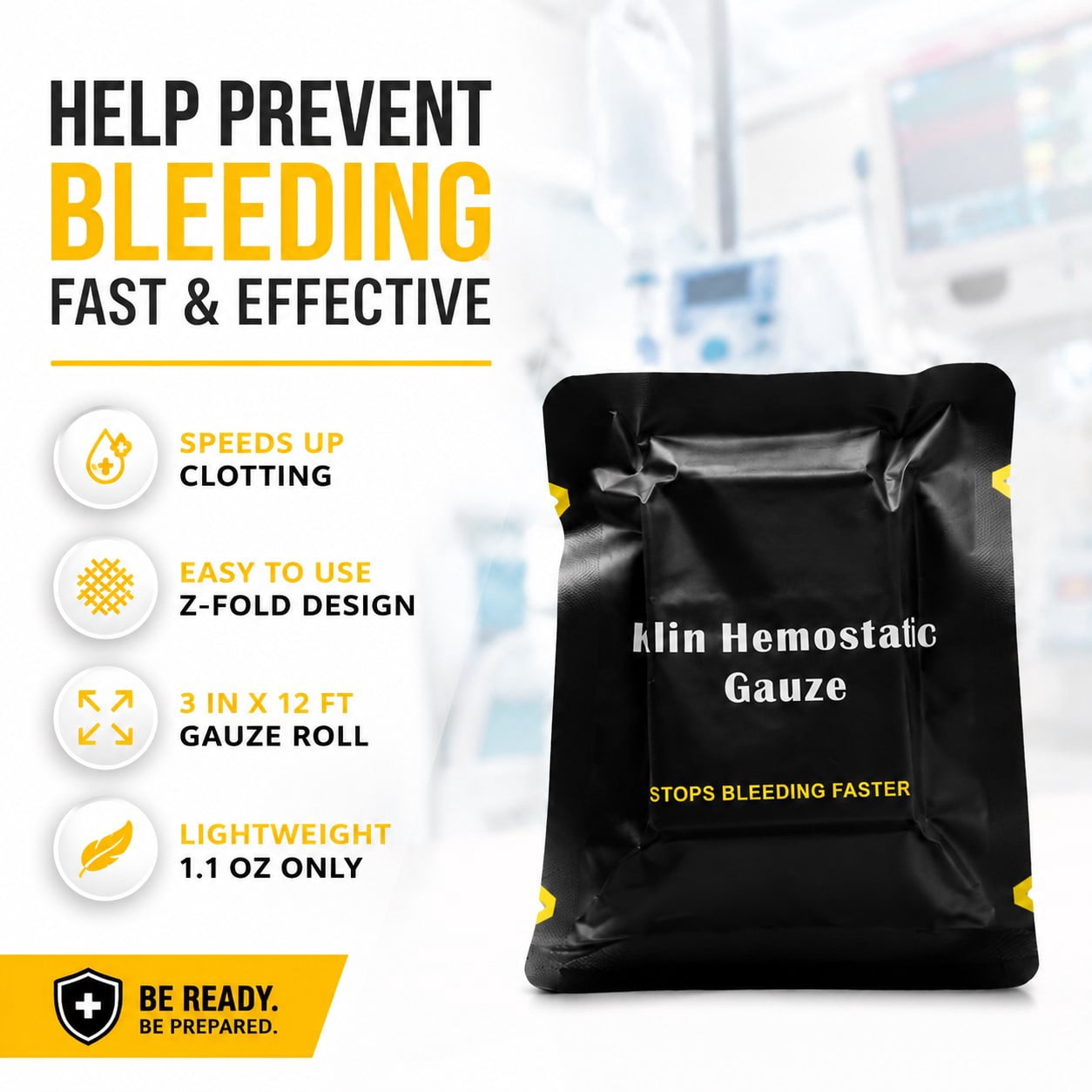 Advanced Quick Clotting Combat Gauze - Hemostatic Wound Packing for Stop The Bleed Kits, Flexible Medical Gauze for Survival Supplies, Trauma First Aid (3"x12.5')