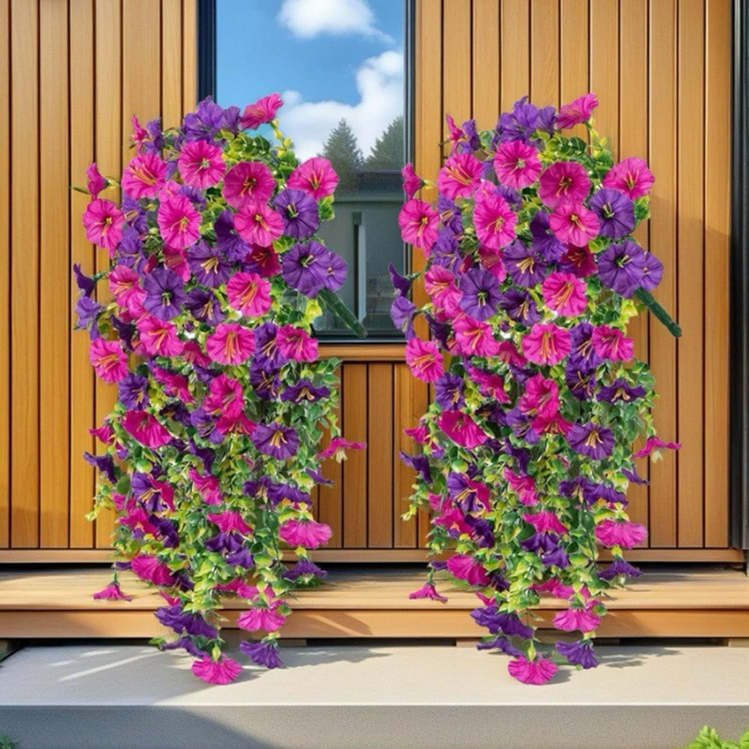 Hanging Morning Glory Artificial Flowers, Colorful Realistic Fake Petunias, Uv Resistant Wall Hanging Artificial Morning Glory with Vines for Decoration Outside Indoor Porch Yard