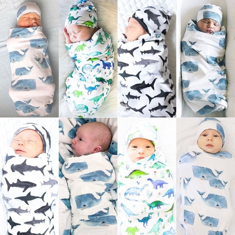 Infant Baby Blanket Swaddle Muslin Wrap Warm Swaddling Sleeping Bag+Hat 2PCS Set