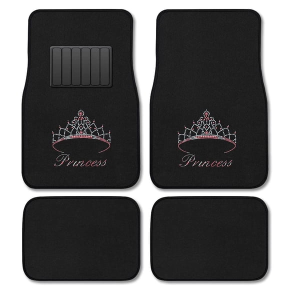 CarsCover Pink Princess Crown Crystal Diamond Bling Rhinestone Studded Carpet Car SUV Truck Floor Mats 4 PCS