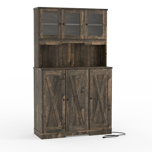 Brown Kitchen Pantry Cabinet with Charging Station – Farmhouse Freestanding Cupboard Storage with Countertop, Adjustable Shelves & Anti-Tip Design for Kitchen, Dining Room, or Living Room