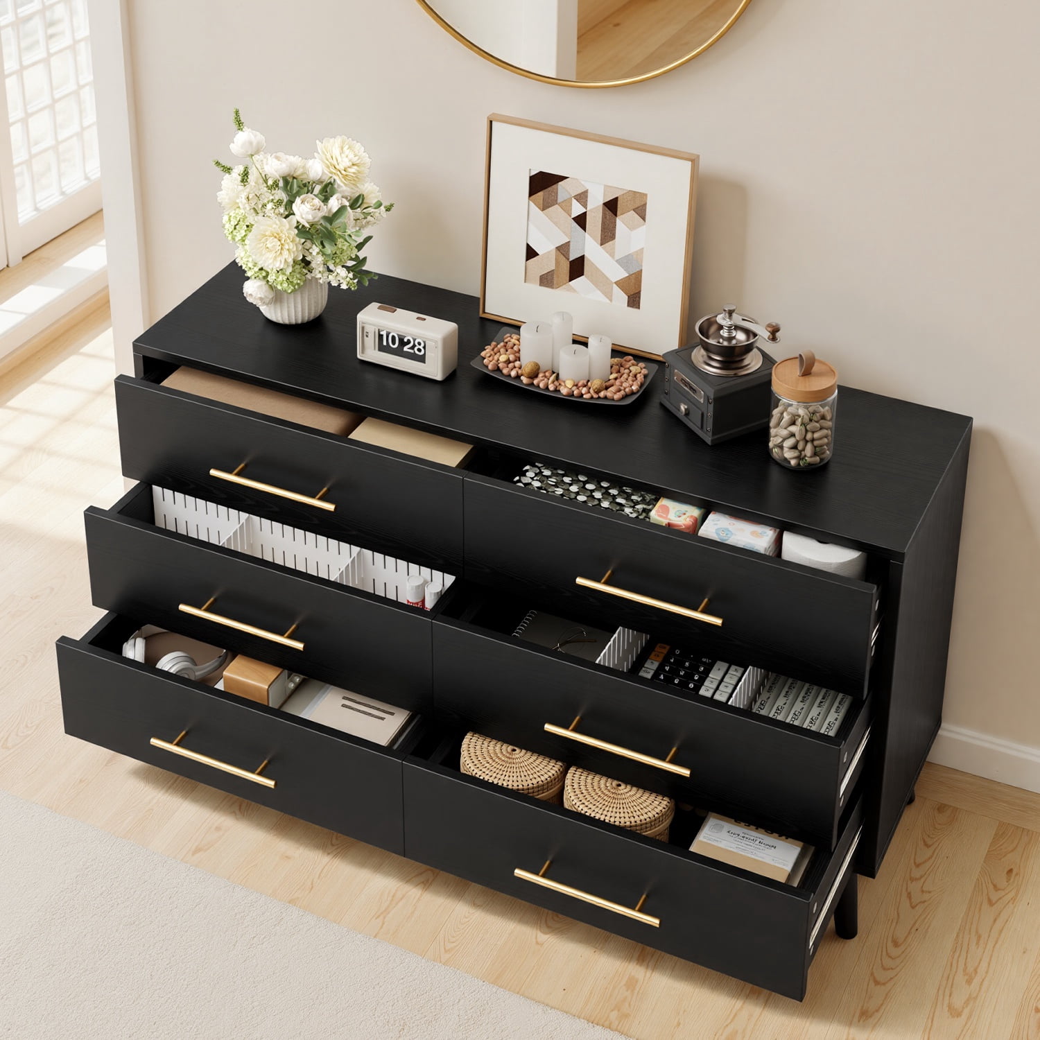 Noelse 6 Drawer Dresser with Metal Handles, Modern Black Dresser Storage Cabinet for Bedroom Home