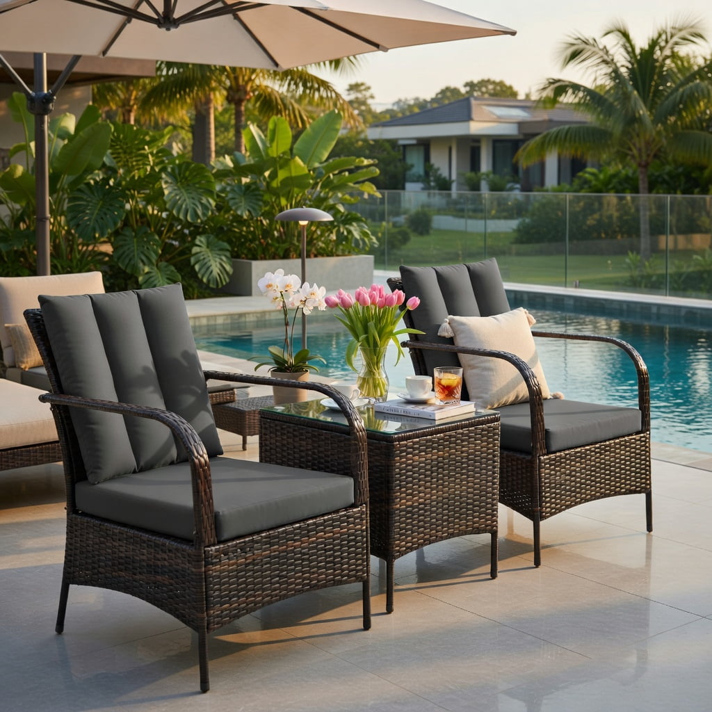 Hommoo 3-Piece Outdoor Rattan Patio Furniture Set with Tempered Glass Coffee Table & Weather-Resistant Cushions, Gray