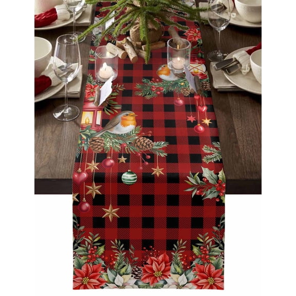 nqOlkjepod Red Plaid Christmas Table Runner 90 Inches Long Farmhouse Dress Scarves, Xmas Poinsettia Balls Botanical Birds Dining Tablerunner for Coffee Table/Kitchen Island/Party Décor, 13" x 90"