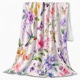 thumbnail image 2 of Hummingbirds Among Colorful Garden Flowers, Cozy Flannel Blanket for Bird Enthusiasts, Airy Botanical Watercolor Illustration Home Decor for Living Room and Bedroom, Mother's Day Gift, 2 of 7