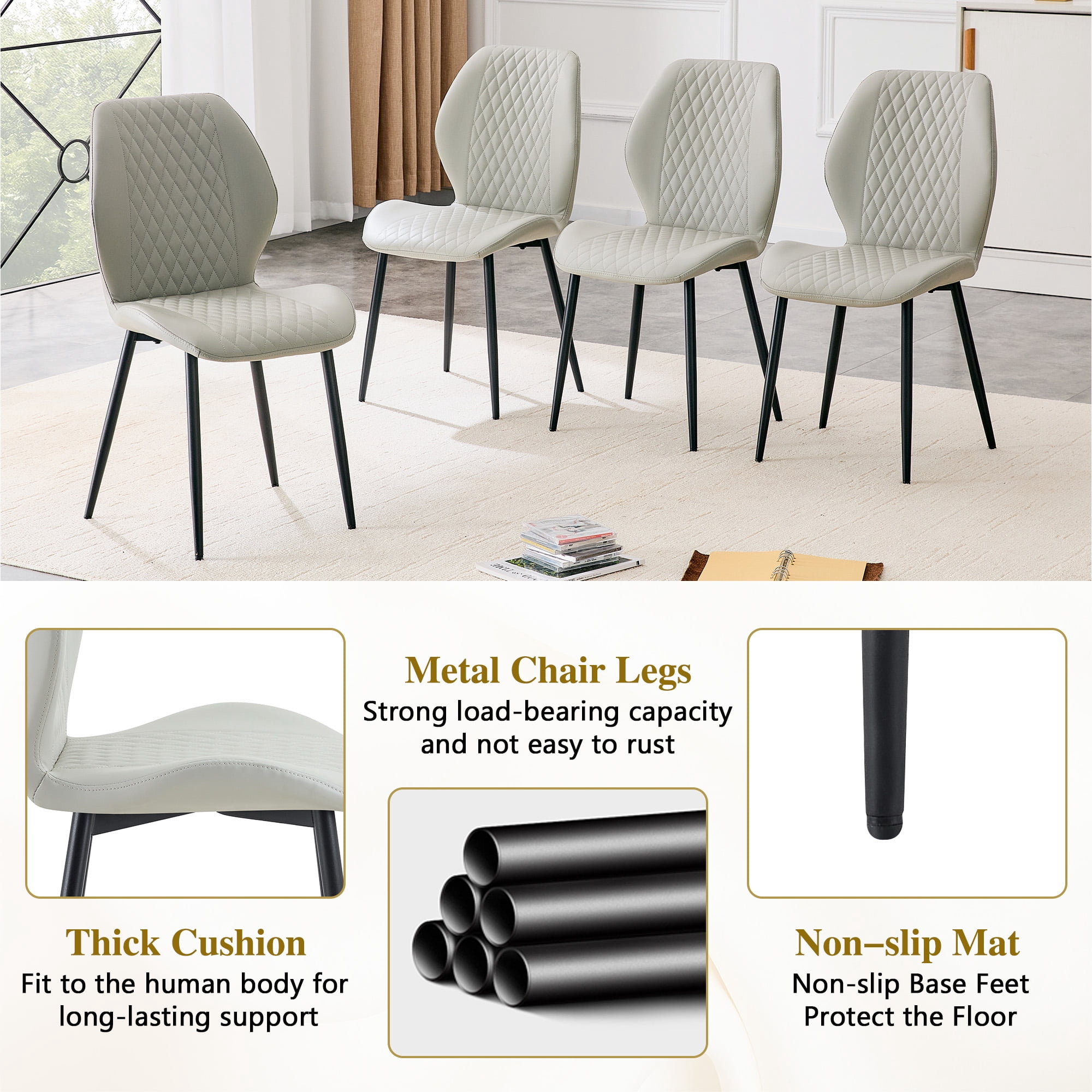 MOONMISS Dining Chairs Set of 4,Modern luxury Diamond-Quilted PU chairs with black metal legs for Dining Room Living Room,Light Gray