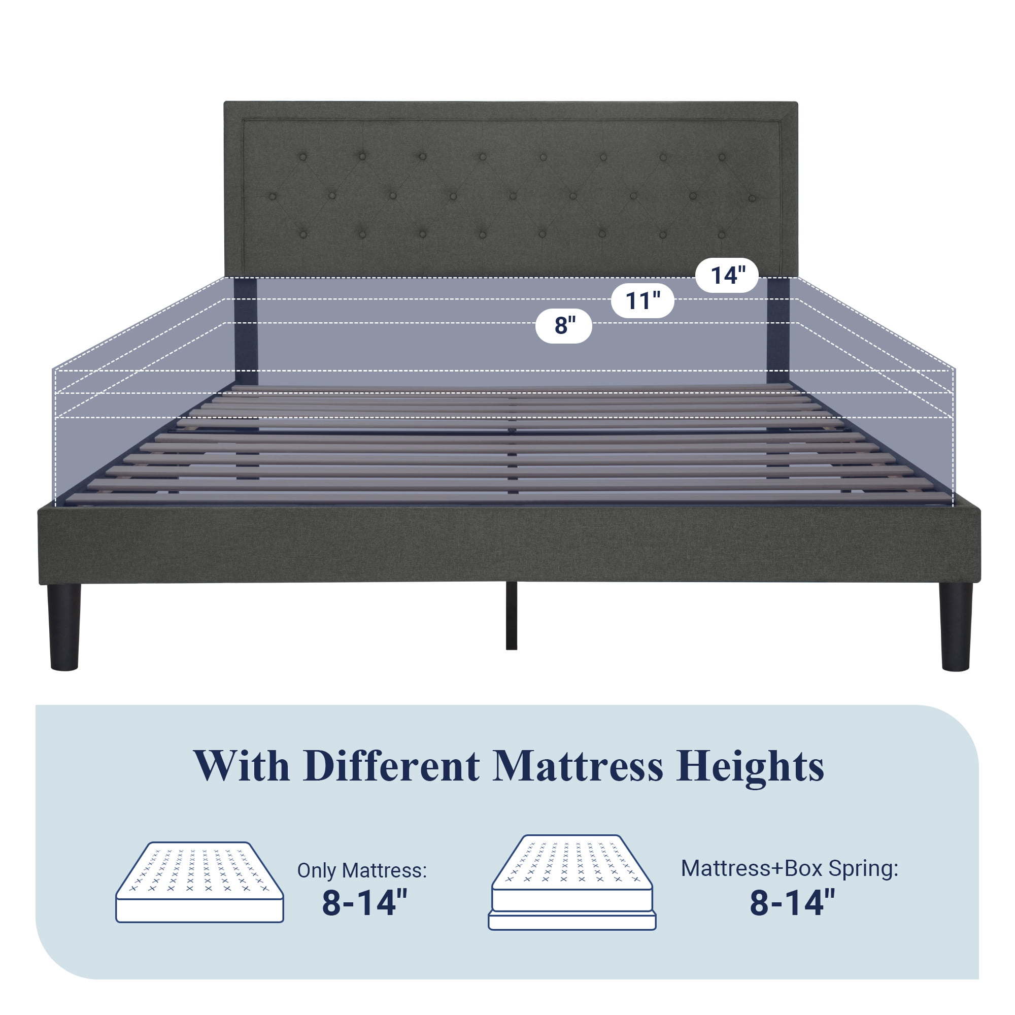 Allewie King Size Fabric Upholstered Bed Frame with Diamond Button Tufted/Adjustable Headboard/Wood Slat Support/Mattress Foundation/Dark Grey