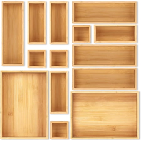 Bamboo Drawer Organizer Set 14 PCS Multi-Use Individual Wood Storage Organizers Junk Drawer Divider and Storage Trays Containers for Kitchen Bathroom Office Desk Makeup Jewelry Utensils
