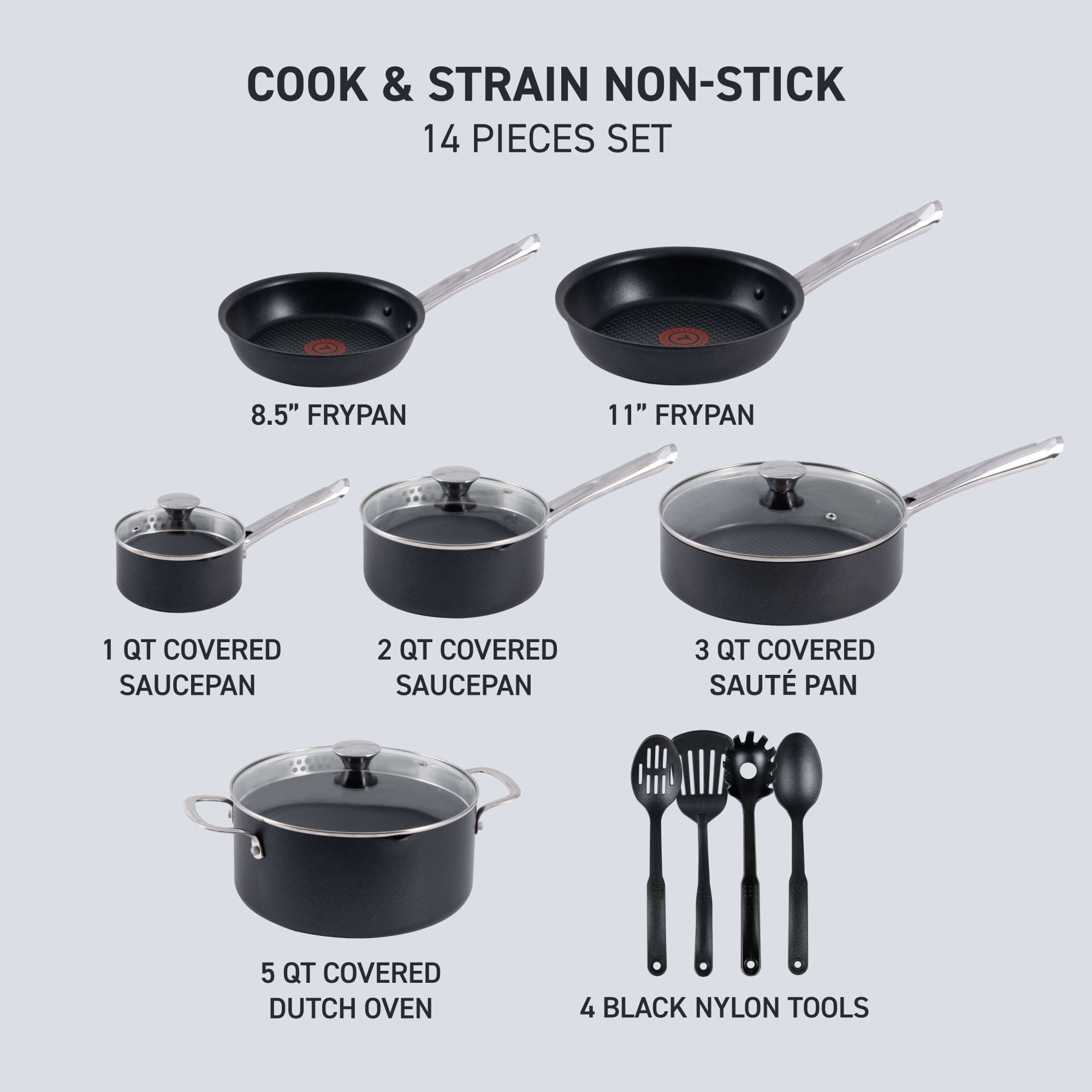 T-fal Cook & Strain Non-stick, 14 Piece Pots and Pans Cookware Set, Black