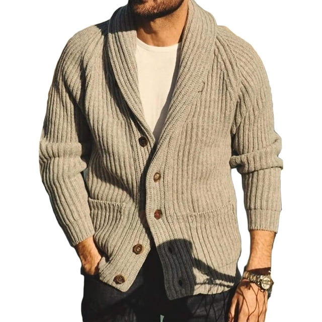 Runcati - Suéter de Punto con Cuello de Chal para Hombre, con Botones y Parte Delantera Abierta, con Punto de Cable y canalé