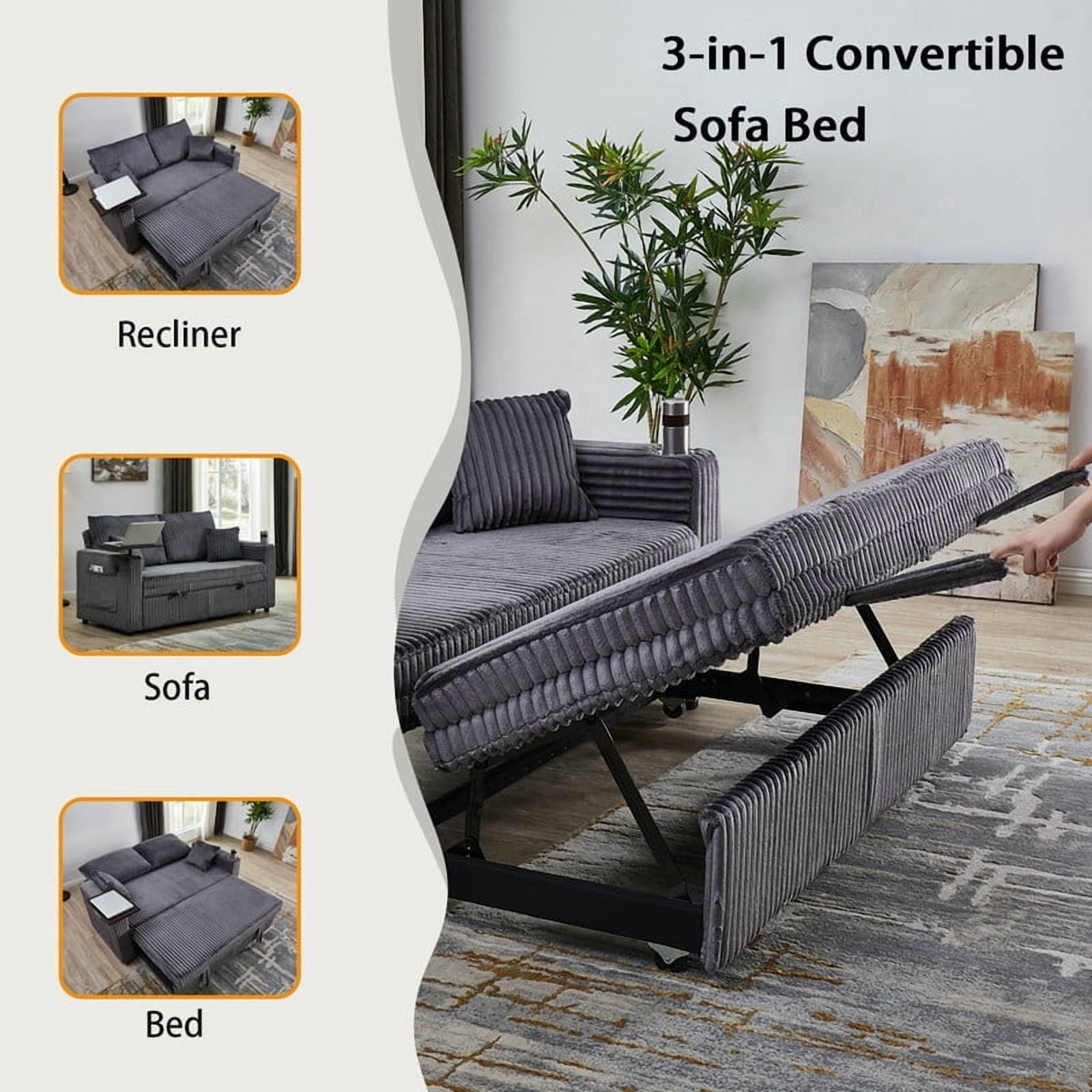 Howcool 65" 3-in-1 Convertible Sleeper Sofa Bed, Corduroy Pull Out Loveseat Futon Couch with Cup Holders & USB Charging Ports for Living Room Apartment, Dark Grey