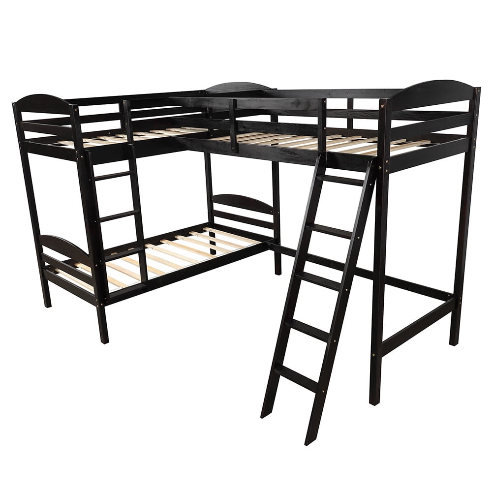 Twin Bunk Beds L-Shaped Bunk Bed and Loft Bed with Ladder and Guard for Teens Bedroom, Espresso