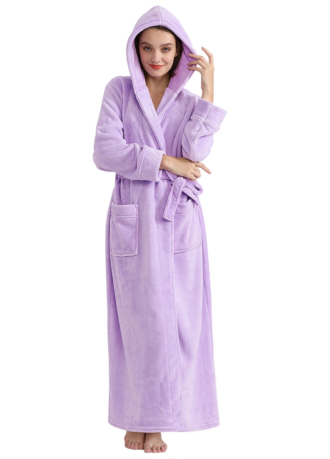 Women's Long Hooded Robe Luxurious Flannel Fleece Bathrobe with Mid