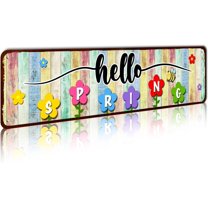Hello Spring Sign, Colorful Flowers Wreath Farmhouse Welcome Sign Porch Decor for Home Garden Farmhouse Yard Office Decorations 4x16 Inch