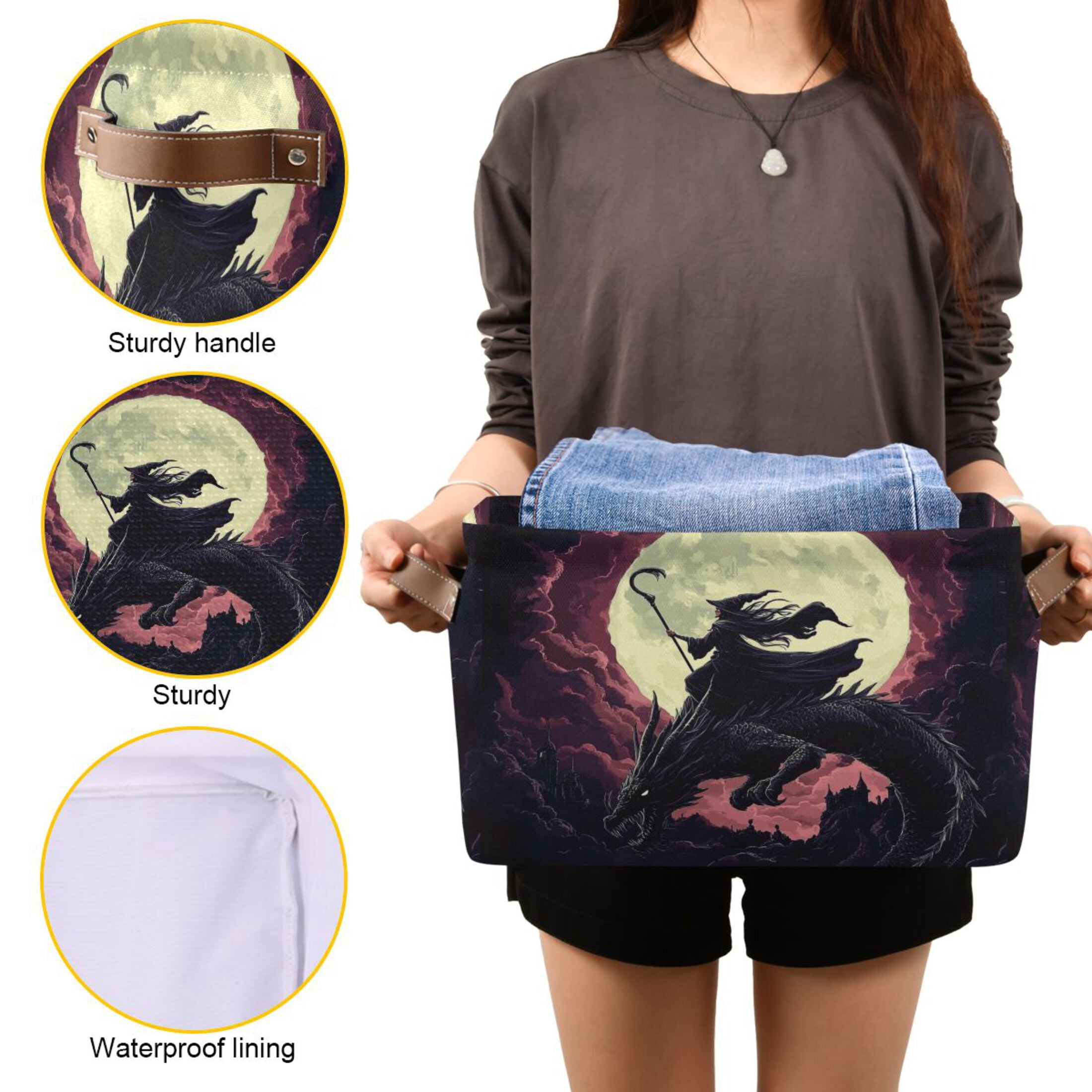WOBOGO Witches and Black Dragon Square Storage Basket with Waterproof Canvas and PE Lining Durable PU Leather Handles 14.2×10.2×8.3in
