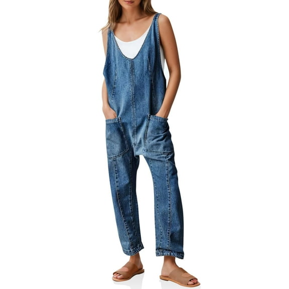Women's Denim Overall Jumpsuits Sleeveless V Neck Long Pants Rompers