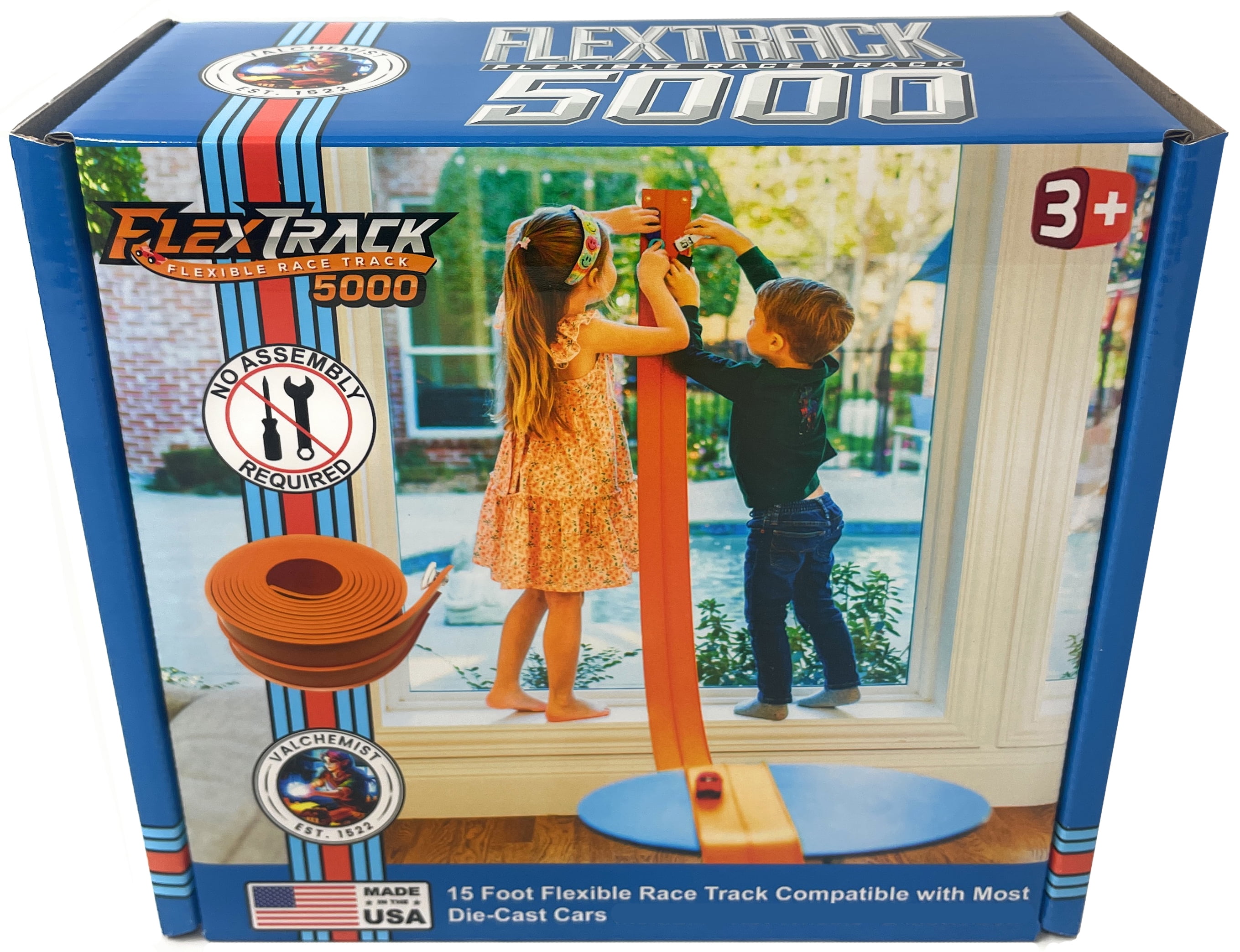 Valchemist FlexTrack 5000 Orange Track for Toy Cars Flexible Race Track for Kids with Suction Cups Compatible with Hot Wheels Matchbox and Diecast 1/64th Car 15 Feet Long Rolls Up Portable Racetrack