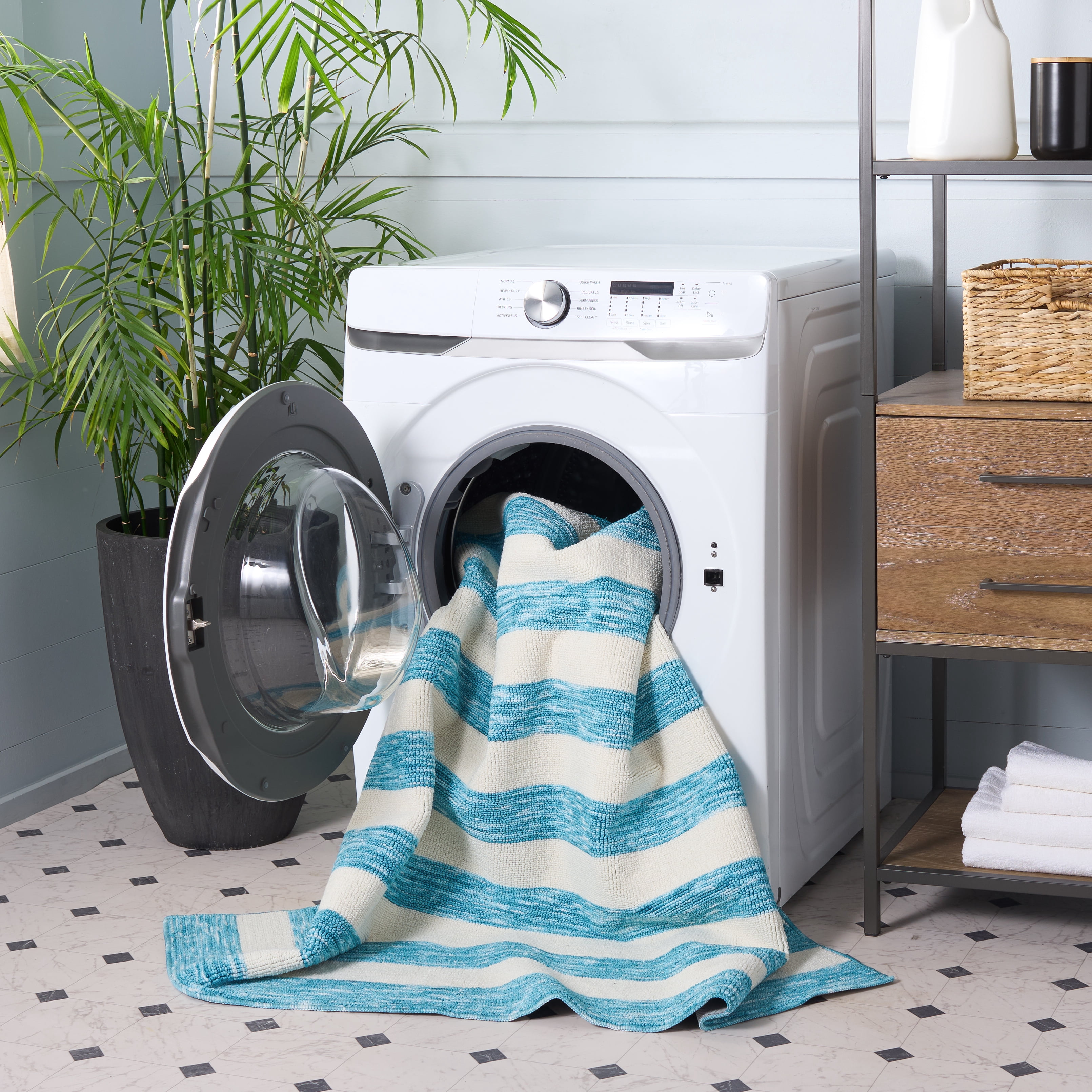 Safavieh Easy Care Fergal Striped Polyester Machine Washable Runner Rug, Blue/Ivory, 2'3" x 8'