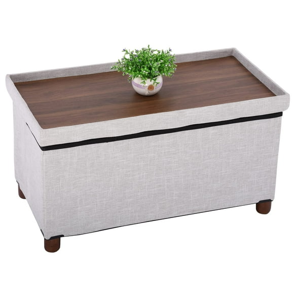 Ao Lei 30 Inches Storage Ottoman Bench with Wooden Legs for Living Room, Folding Foot Rest Removeable Lid for Bedroom End of Bed, Linen Fabric, White