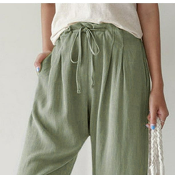 Plain Straight Loose Wide-Leg pants for Women Elastic Waist Cotton