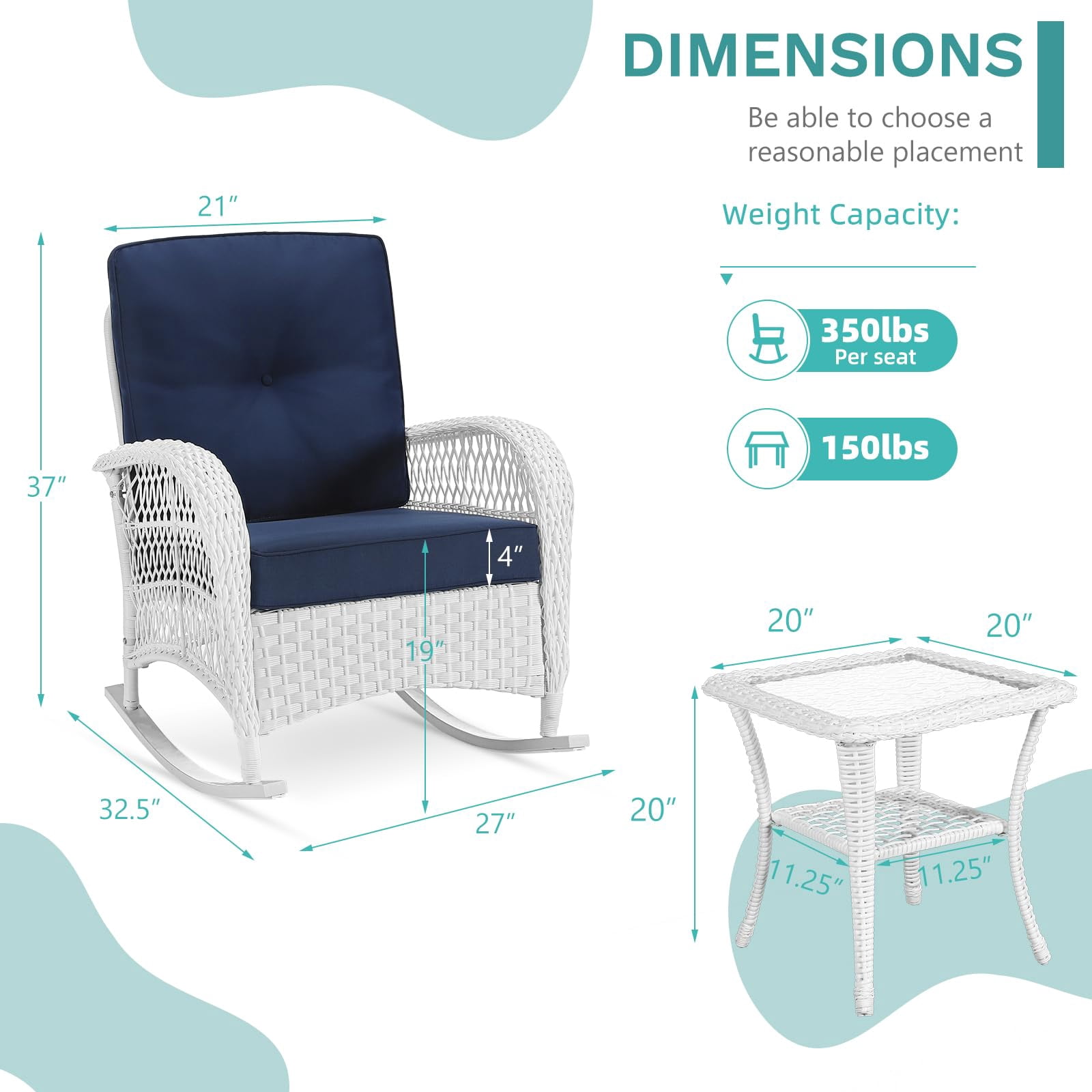 MEETWARM 3 Pieces Patio Conversation Set, Rattan Outdoor Rocking Patio Bistro Set with 2 Rockers and 1 Side Table with 4" Thick Cushions, Outdoor Furniture Set for Porch Backyard, White Wicker/Navy