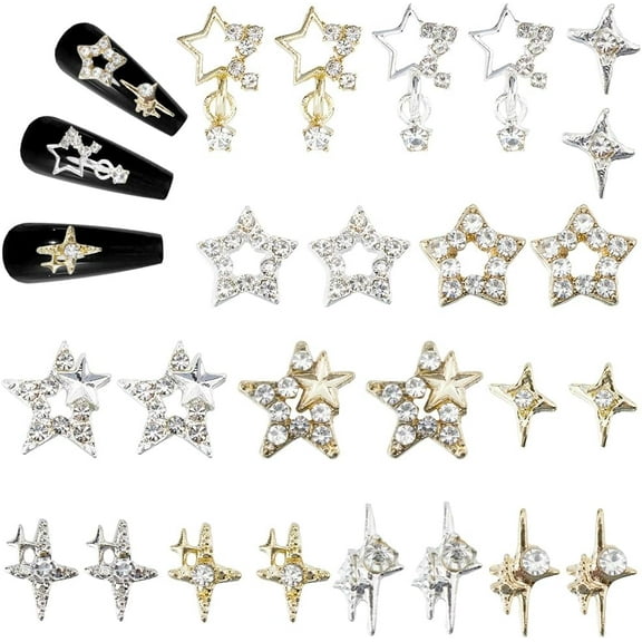 60Pcs/Box Glitter Star Nail Charms Rhinestone 12 Styles 3D Luxury Gold Silver Nail Gems Set Metal Alloy Flat Vintage Punk Studs Decor for Women Nail Art DIY Crafts Jewelry Christmas Decor Colorful