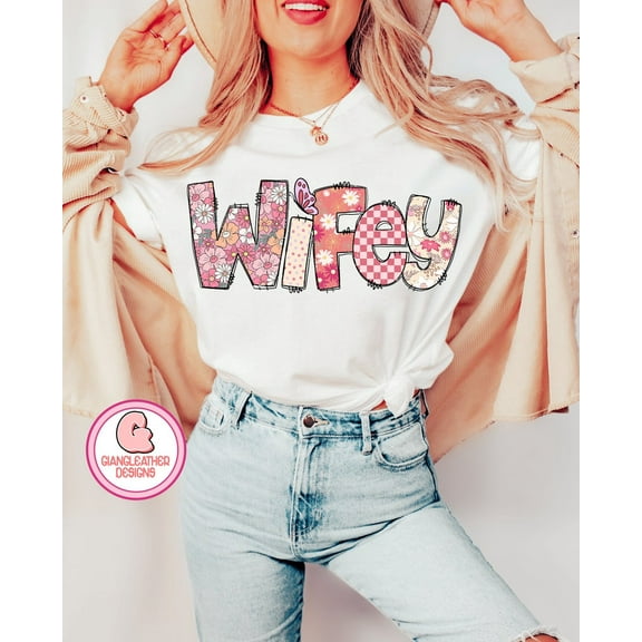 Floral Wifey T-Shirt, Vintage Bride Just Married Tee, Funny Wife Life Shirt with Doodles, Cute Gift for Newlywed Wives