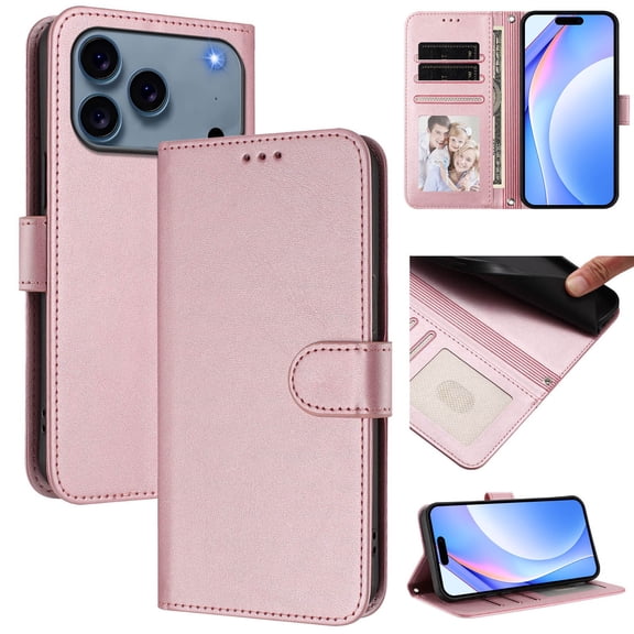 Wallet Case For iPhone 17 Pro Max [RFID Blocking Protection] Premium PU Leather Folio Magnetic Clasp Card Holder/Cash Slot Flip Kickstand Shockproof Phone Cover with Wrist Strap,Rosegold
