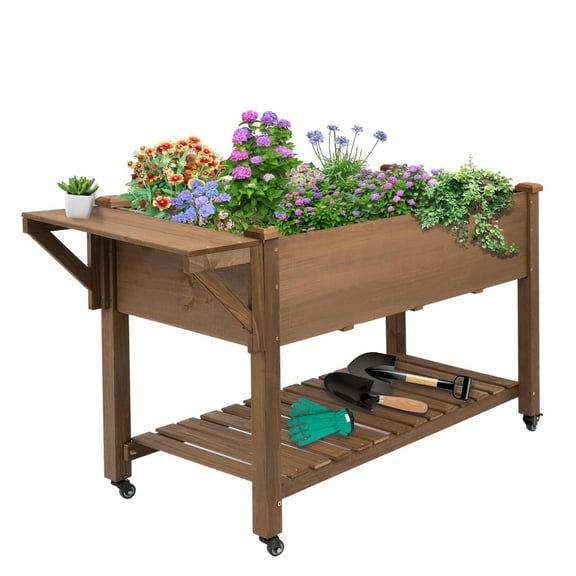 PETSCOSSET Raised Garden Bed 55.5x24x32in Mobile Elevated Wood Planter with Lockable Wheels, Shelf, Liner
