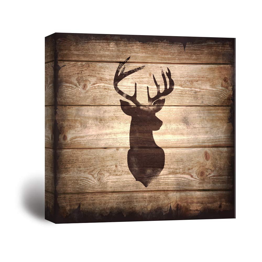 Wall26 Square Canvas Wall Art Deer with Antler Silhouette on Rustic Wood Board Texture