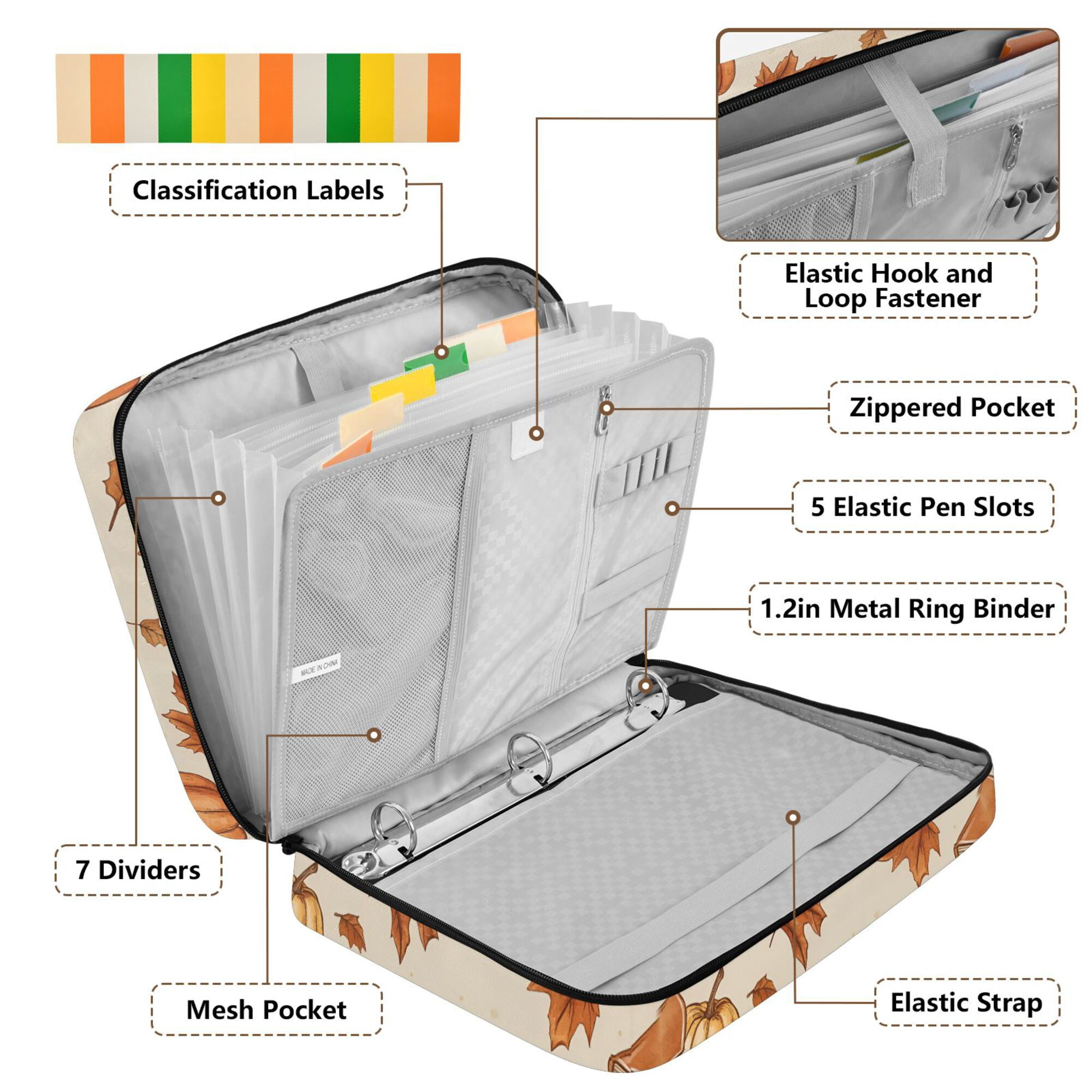 FORMRS Accordion File Folder A4 Size 7-Pocket Expanding Document Organizer Bag with 3 Ring Binder, Fall Mug Pattern
