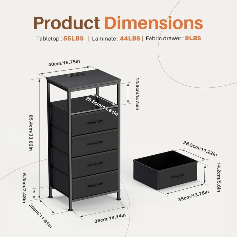 Kelno Nightstand with Charging Station Variable LED Strip End Table with 4 Fabric Drawers USB TypeC Outlets,Black